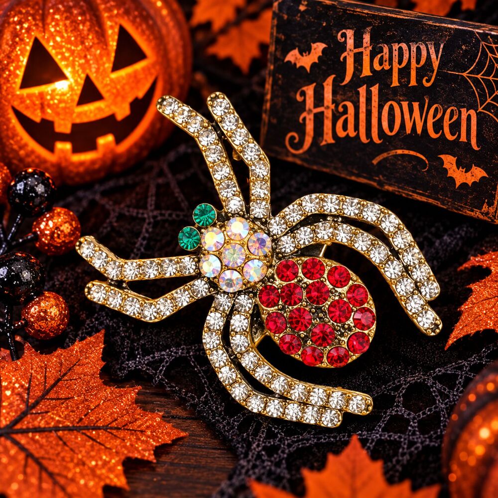 Rhinestone Red Spider Brooch Pin – Halloween Jewelry – 2"